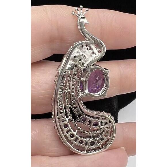 925 Sterling Crystal Peacock Pendant Necklace 2” Signed DK Bird Rhinestones - Picture 3 of 8